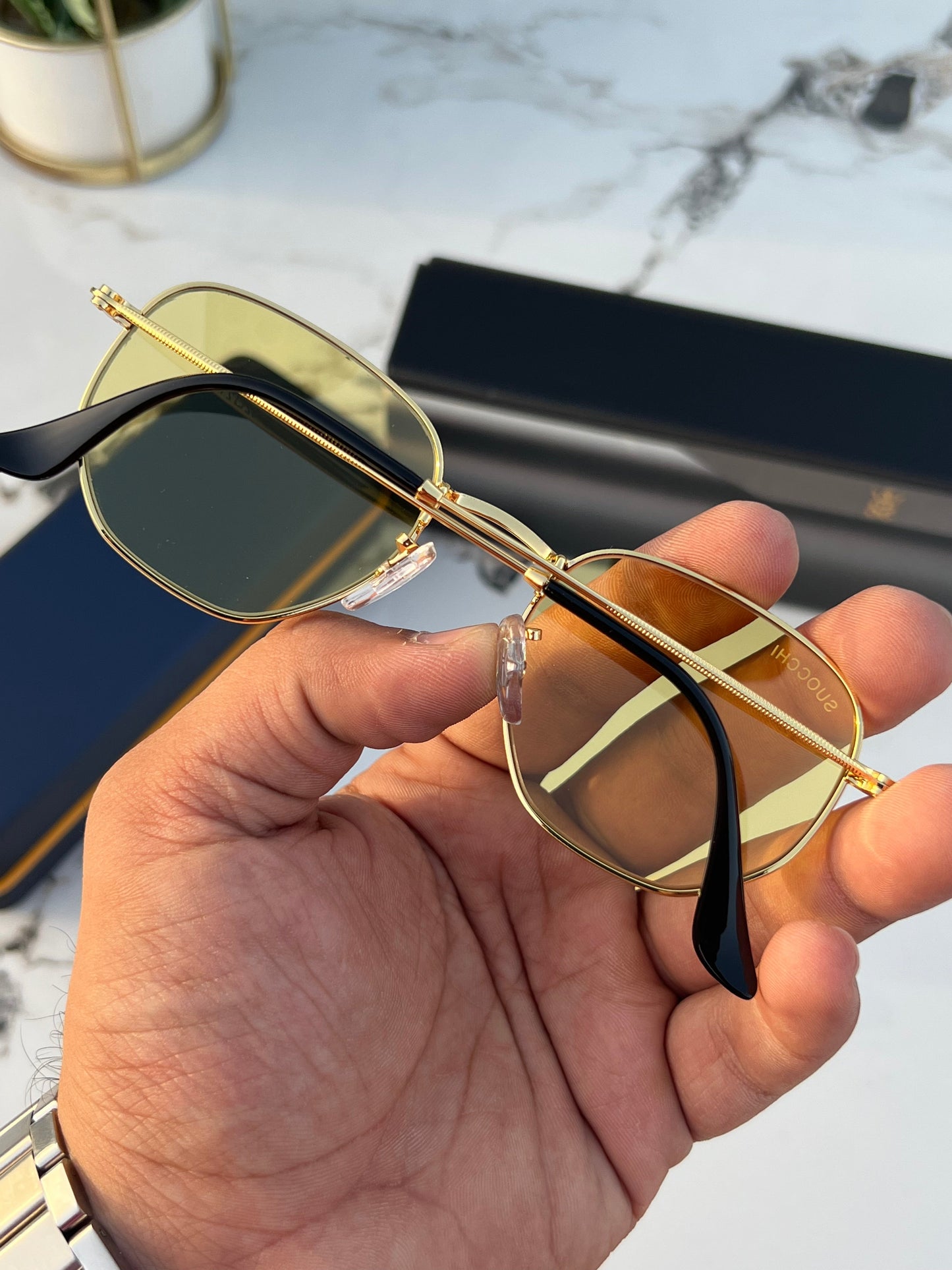 Suocchi 3548 Gold Yellow UV-400 Night Vision Hexagonal Fashion sunglasses