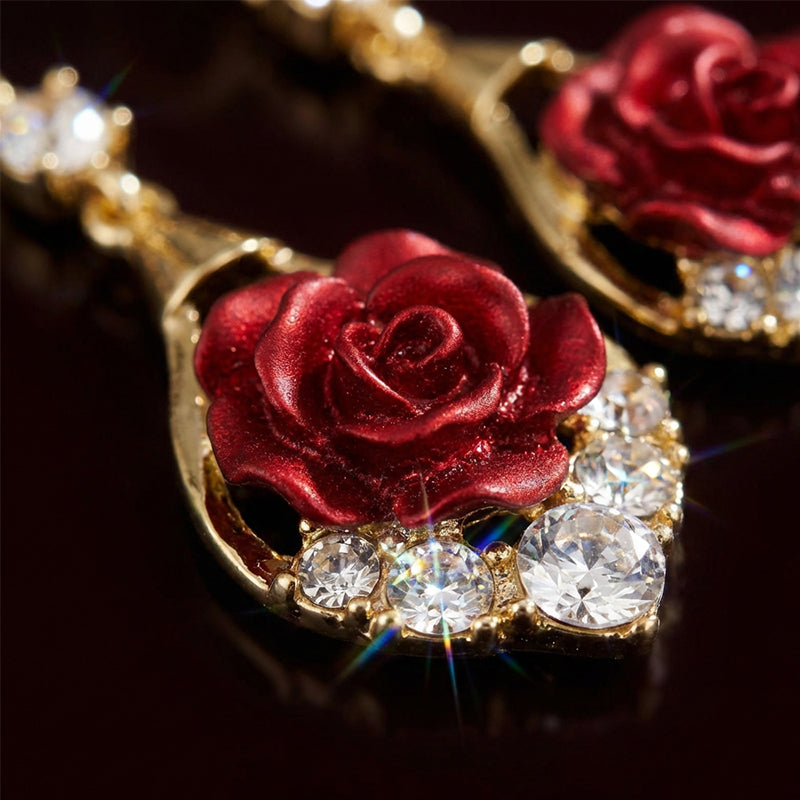 Elegant Red Rose Drop Earrings