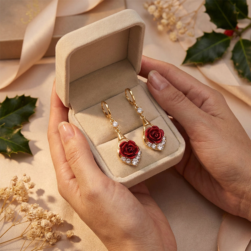 Elegant Red Rose Drop Earrings